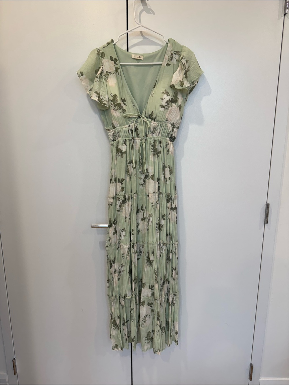 Light Green Floral Maxi Dress with Tie Front